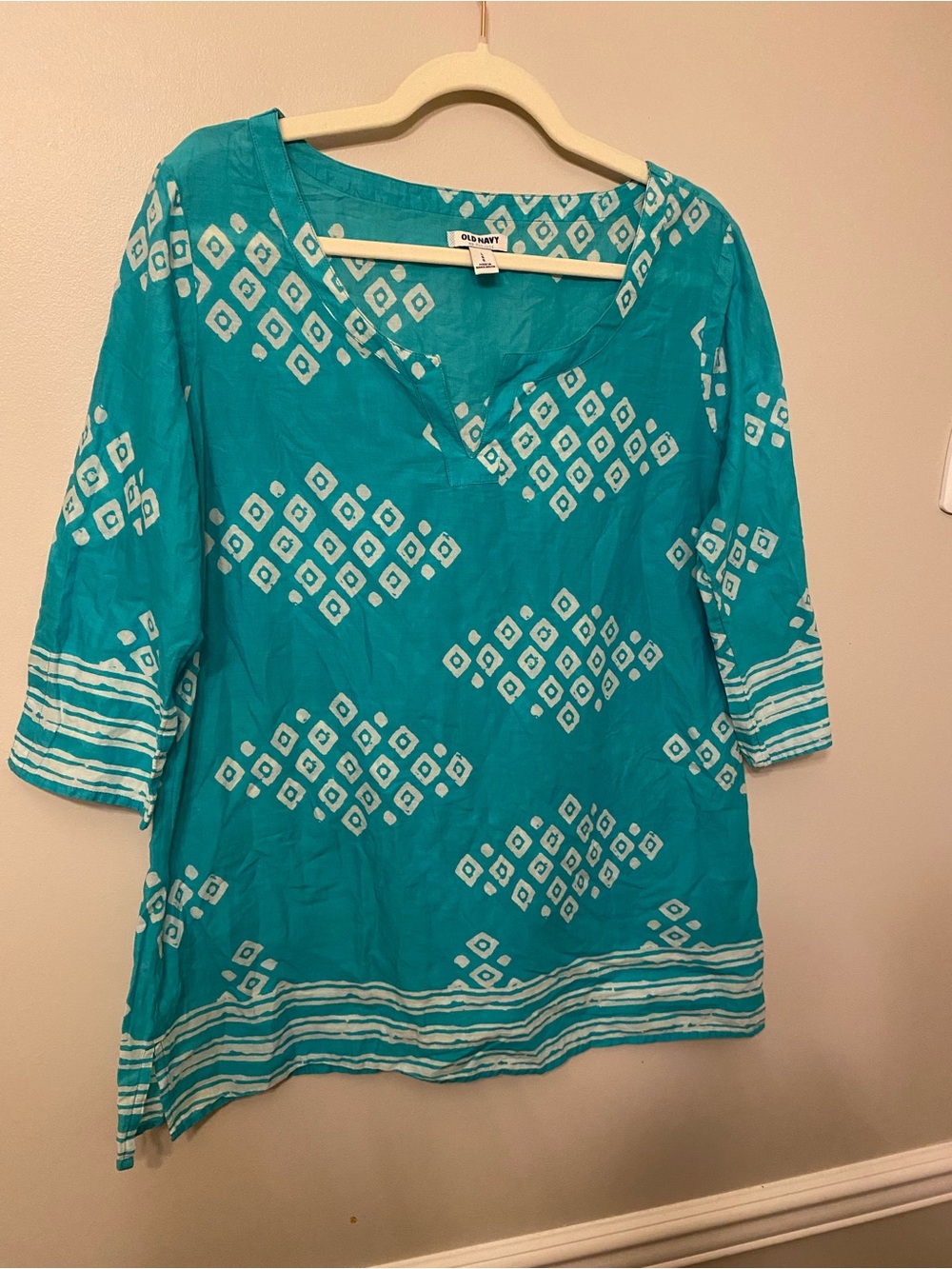 Old Navy Teal and White Geometric Cotton Tunic
